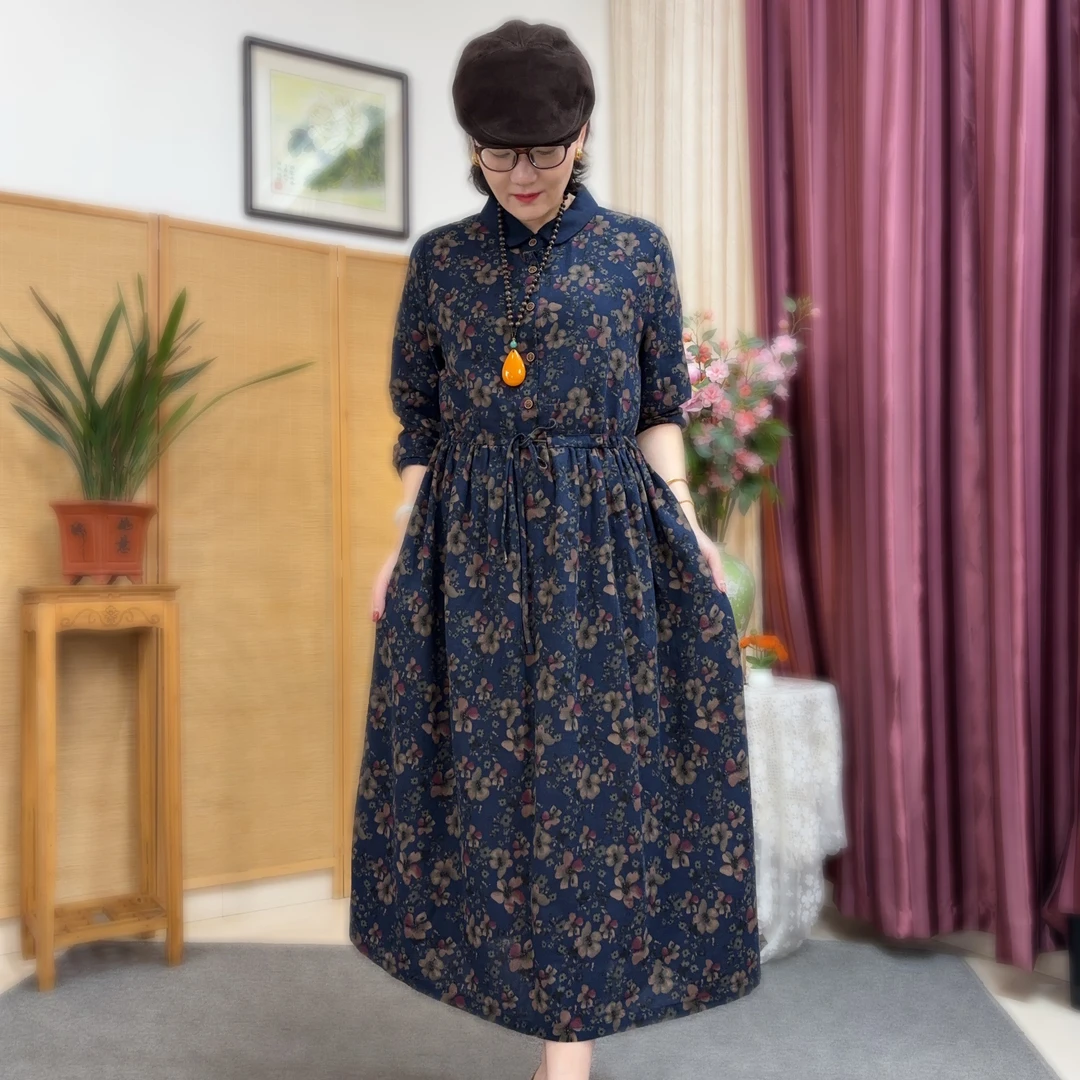 春秋季撞色方领收腰绳宽松长袖连衣裙棉麻文艺时尚气质A字长裙Q59