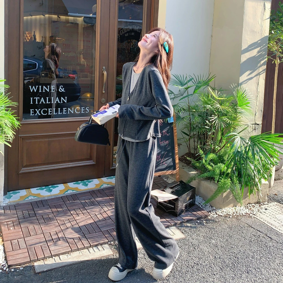 灰色休闲慵懒风套装女2025春新款韩系穿搭假两件上衣阔腿裤两件套