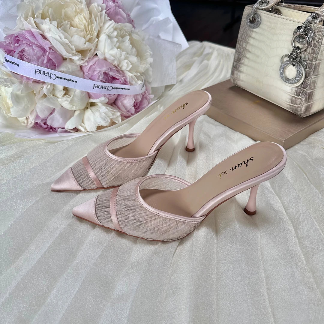 SX善喜8cm高跟尖头单鞋网纱镂空细高跟鞋女优雅气质半拖凉鞋