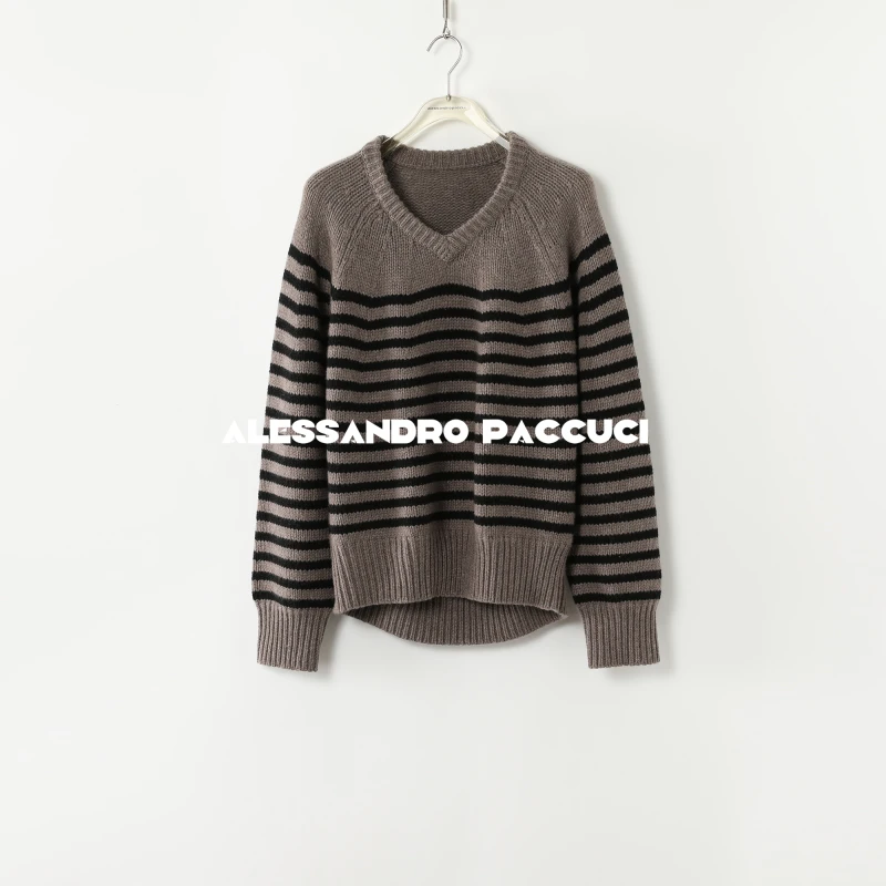 AP洛哥44243ST【主旋律】羊毛撞色条纹v领插肩袖时尚百搭套头衫24冬