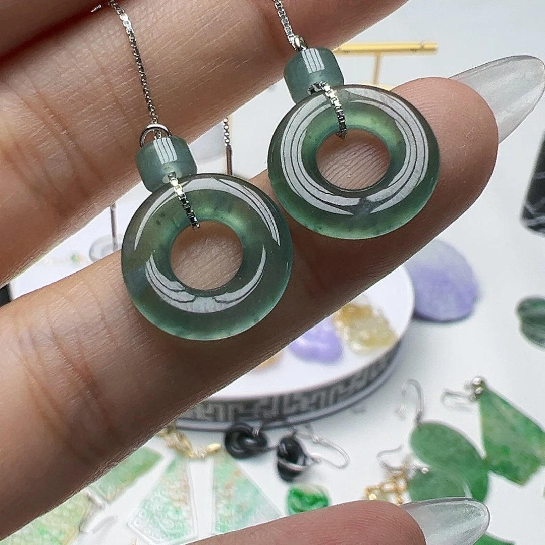 翡翠银S925镶嵌耳饰天然缅甸A货翡翠