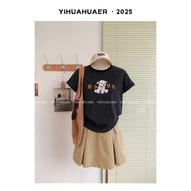 【毛绒小狗】东大门韩系夏款小狗圆领胶印印花时尚减龄休闲T恤2946