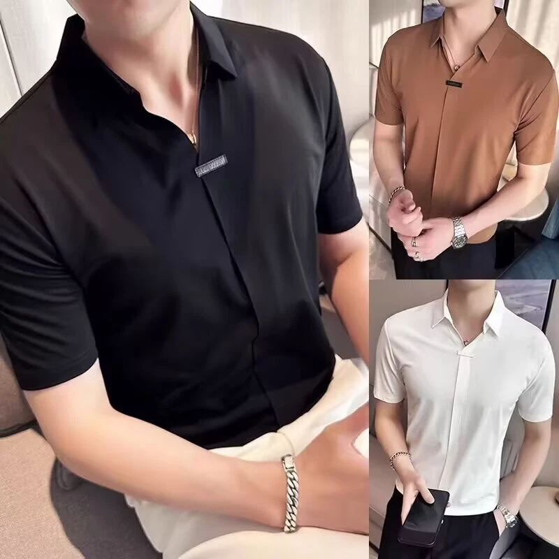 冰丝无痕小V领短袖Polo衫2025夏季高弹力暗条纹男薄款翻领修身t恤