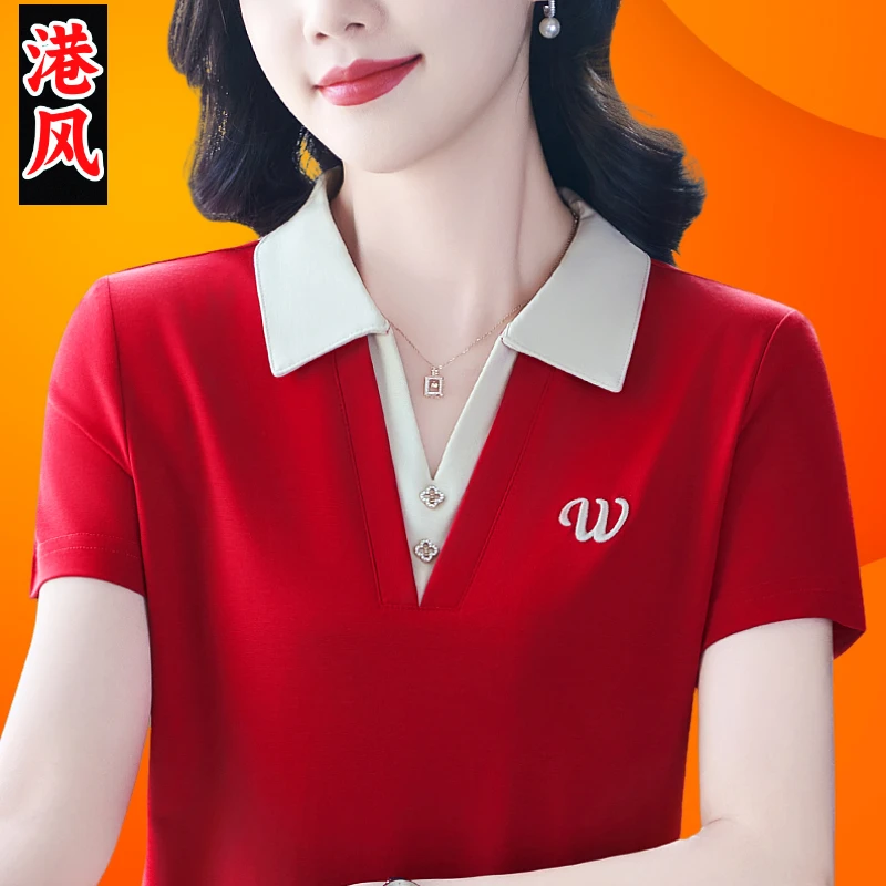 高品质名牌翻领短袖t恤女夏2025新款中年妈妈运动polo衫红色上衣