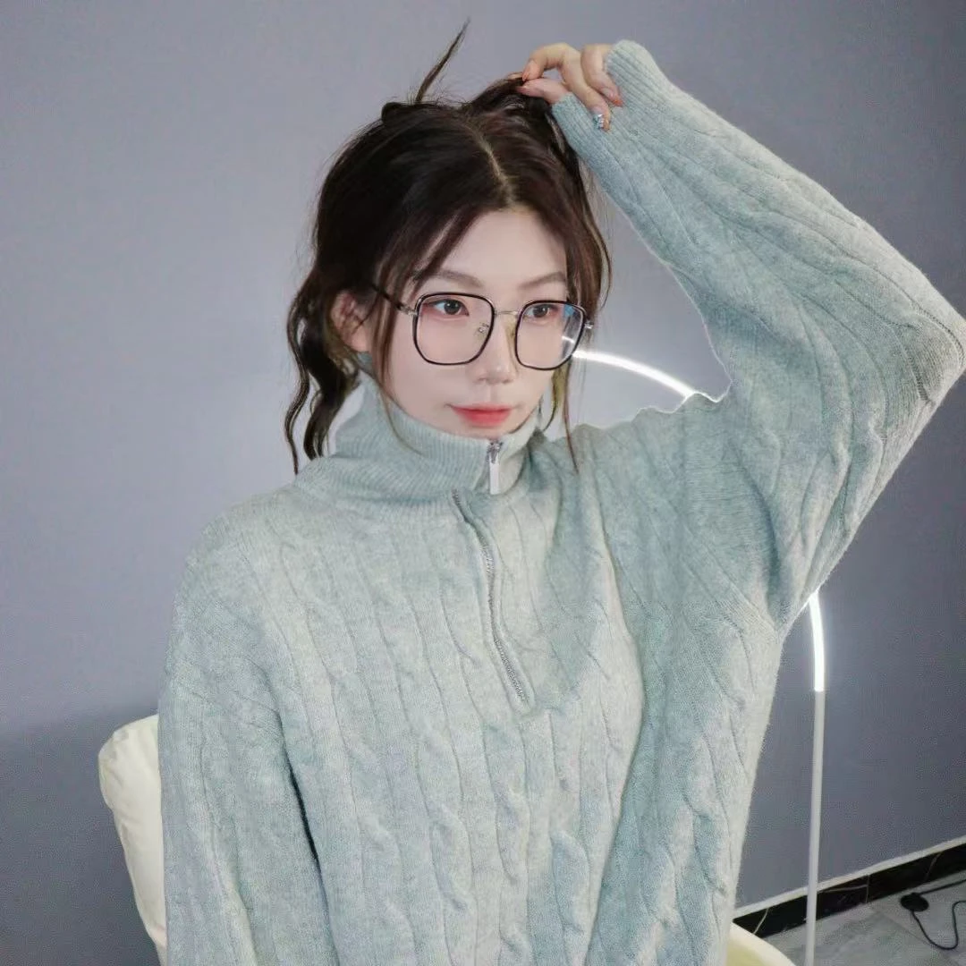 韩系复古老钱风半拉链立领慵懒风麻花毛衣女秋冬针织套头休闲上衣