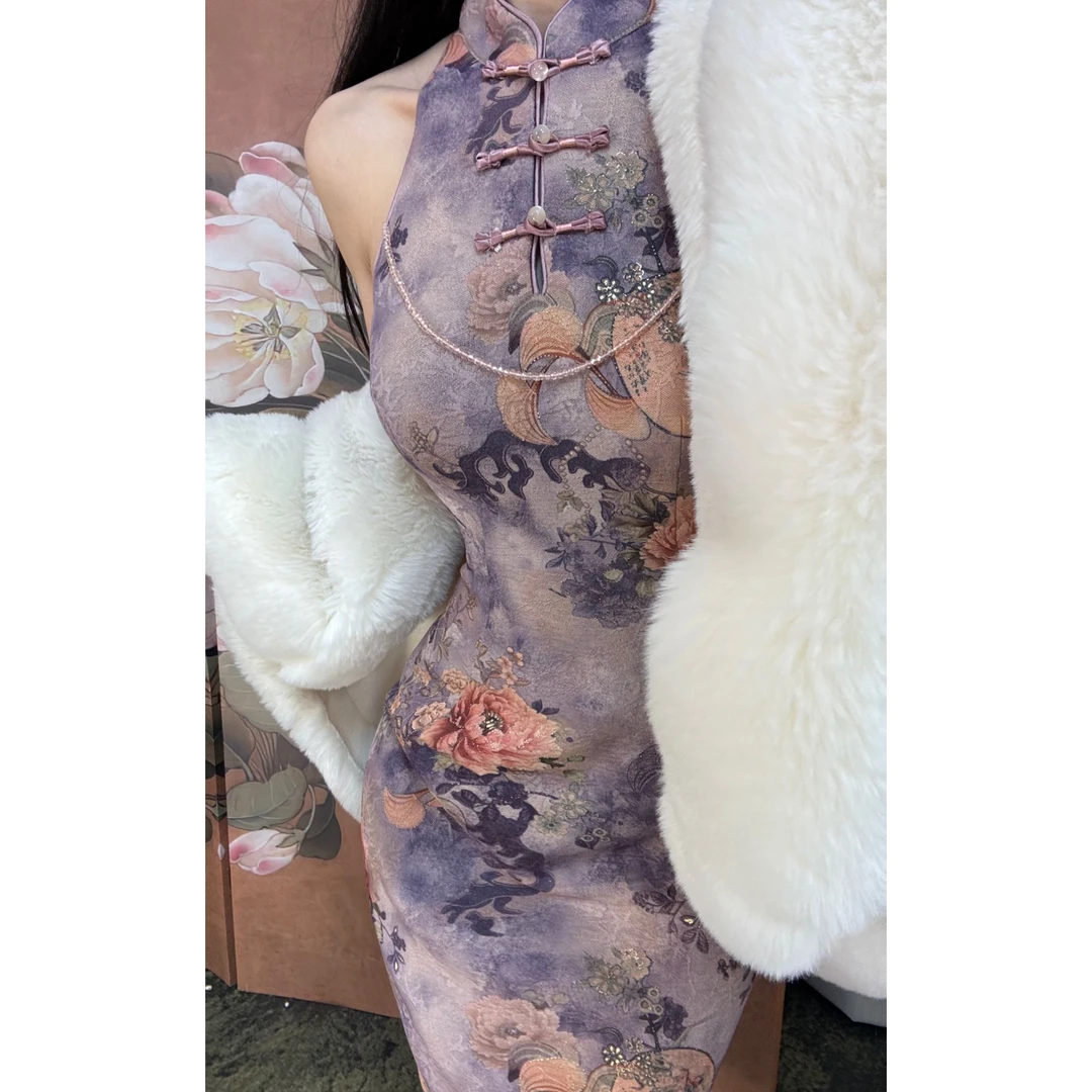 秋辞香~紫玉 紫色显瘦挖肩长款重工秋冬气质中长款旗袍日常