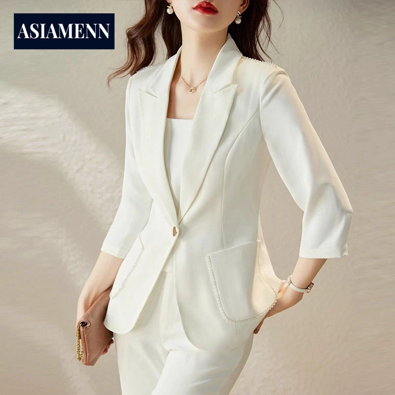 白色西装套装女2025新款夏季薄款一粒扣休闲职业正装短款西服外套