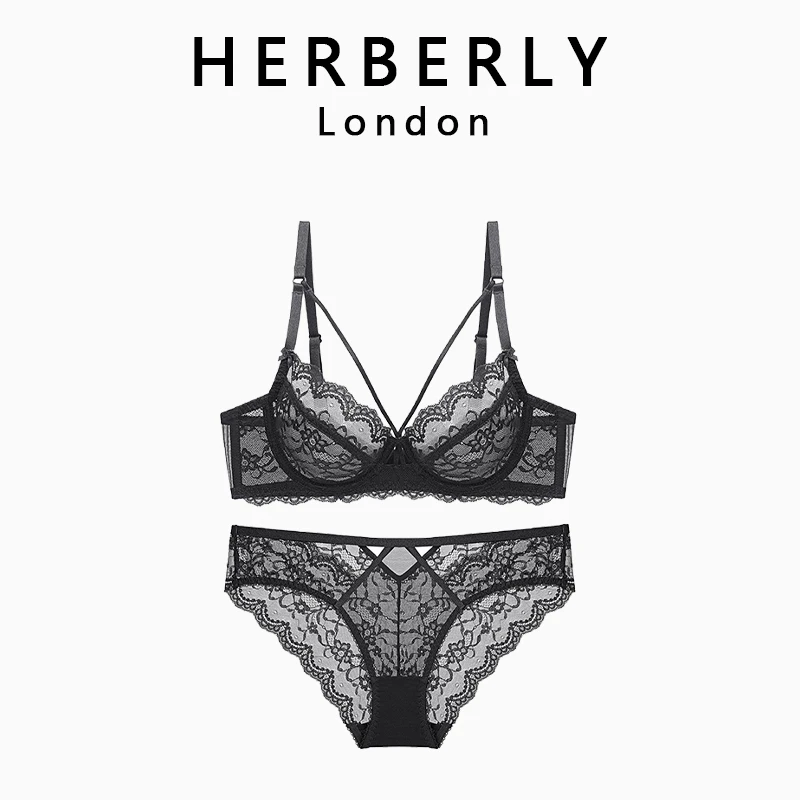 英国 HERBERLY 超薄款无海绵透明胸罩女性感蕾丝大胸显小文胸套装