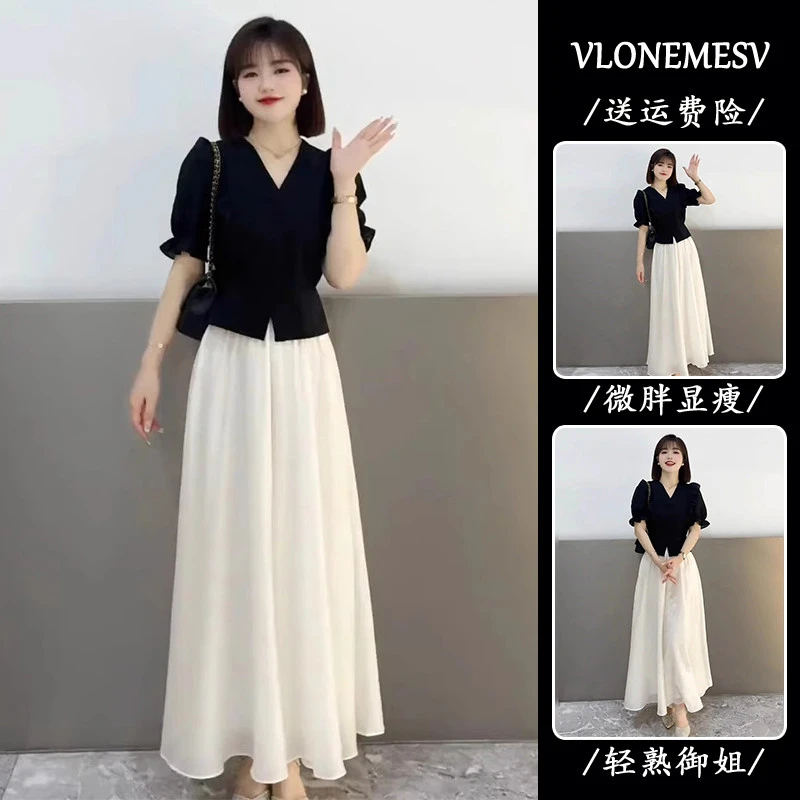 2025夏季爆款两件套赫本风通勤法式小众黑色泡泡短袖上衣裙裤套装