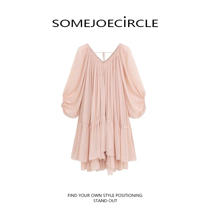 SOMEJOECIRCLE【SU*K订单】秋季V领裙子五分袖中长款连衣裙女Z6952