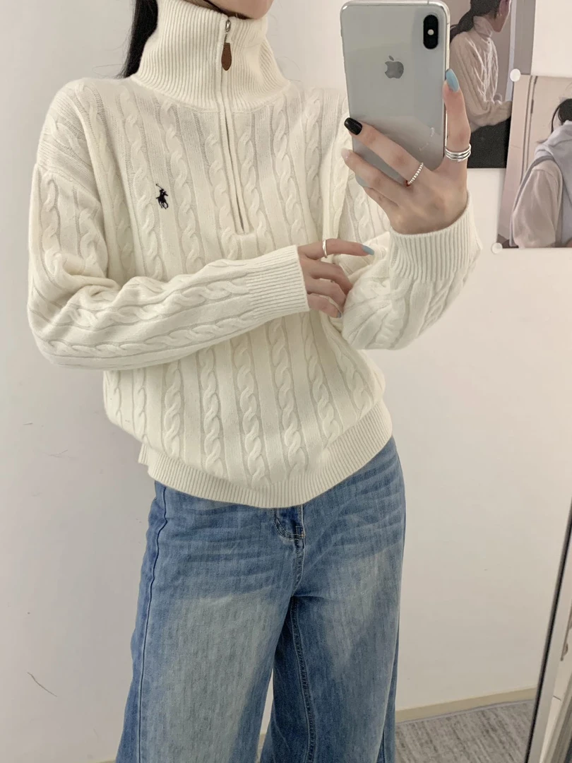 2025新款半高领全羊毛麻花毛衣女爆款小马刺绣长袖针织衫上衣033