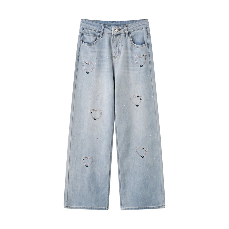 刺绣高腰秋季阔腿裤百搭牛仔裤D1280