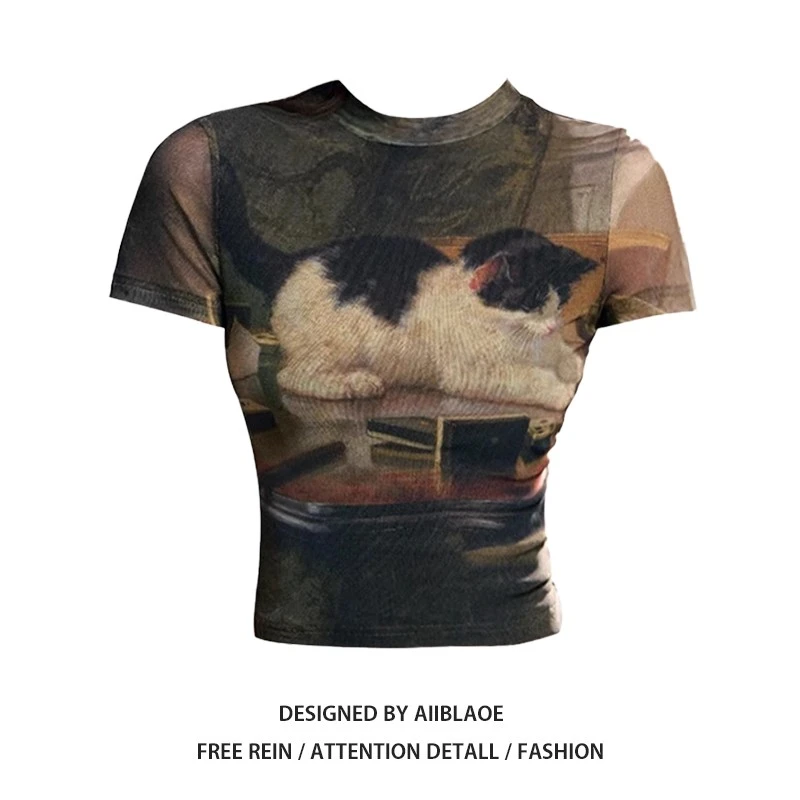 大码美式辣妹小猫印花正肩短袖t恤女夏季短款独特别致绝美小上衣