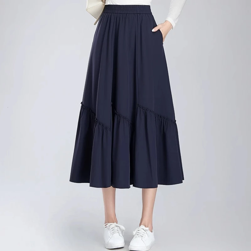 拉夏贝尔松紧腰褶皱半身裙女夏季2025新款高腰中长款A字大摆伞裙
