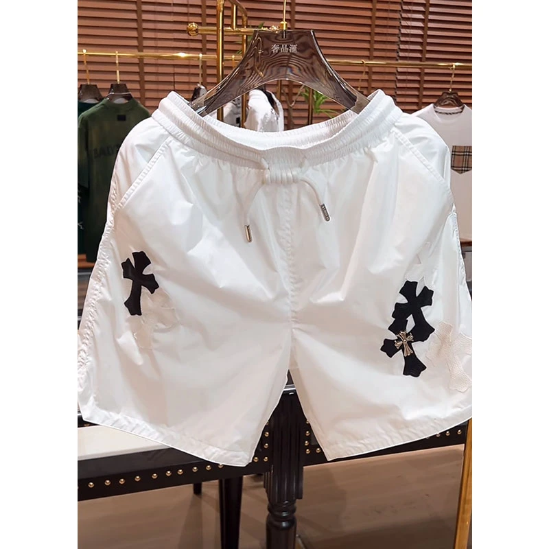 欧洲站轻奢高定休闲潮牌男装裤子2025夏季新款十字架刺绣白色短裤