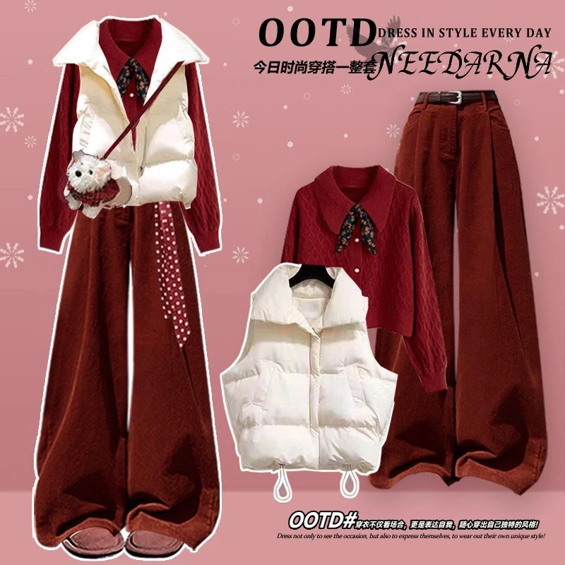 2025冬季套装女圣诞新年氛围感领结红色毛衣马甲棉服阔腿裤三件套