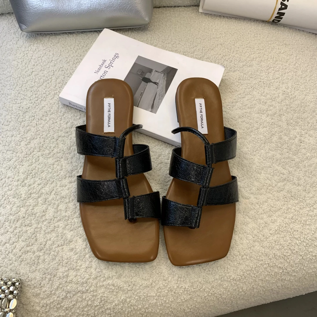 菲菲同款一字拖浅口方头平底凉鞋