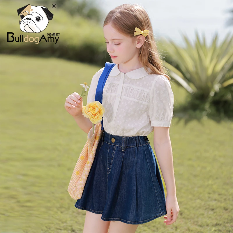 CF942046【小花肌理感】女童白色衬衫2025夏季新款短袖灯笼袖上衣