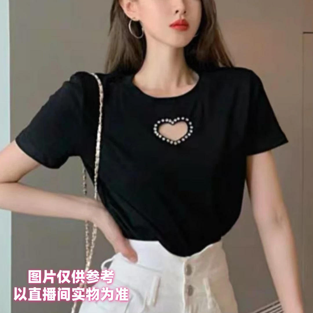 胖汐*爱心镂空重工半袖上衣设计感显瘦百搭时尚不规则