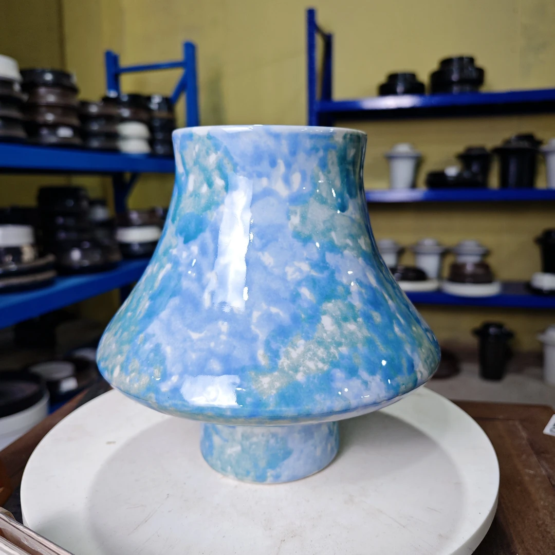 紫绿彩景德镇高温高足蘑菇花盆无孔款高23口12.5