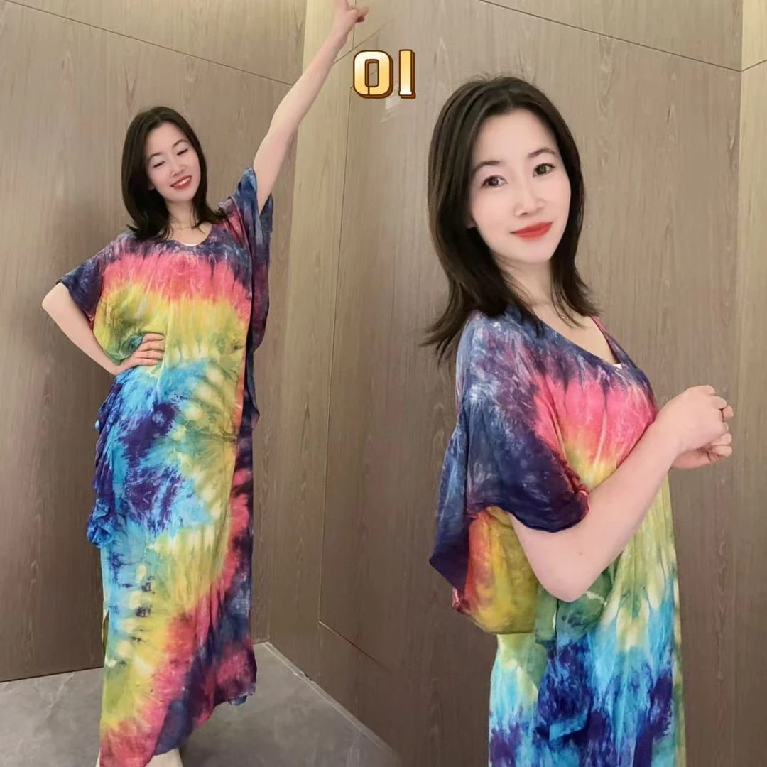 KAYA 手工扎染荷叶边H版剪裁V领宽松连衣裙