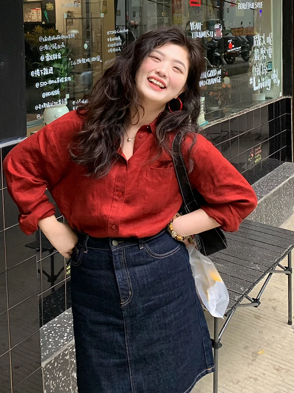 巨显瘦上衣大码胖mm港风复古长袖红色衬衫新款小众上衣显瘦宽松