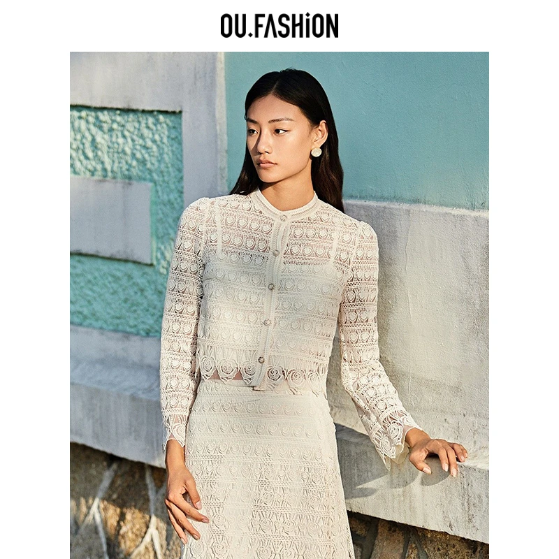 OU.FASHION/欧点百搭蕾丝镂空勾花上衣法式外套1072410502