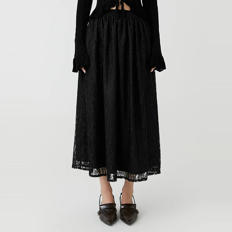 MOUSSY 2024秋冬新品日系田园风优雅长款蕾丝半身裙028HSZ30-0471