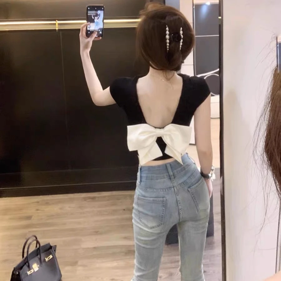 蝴蝶结短袖女2025新款夏季设计感小众气质短款上衣