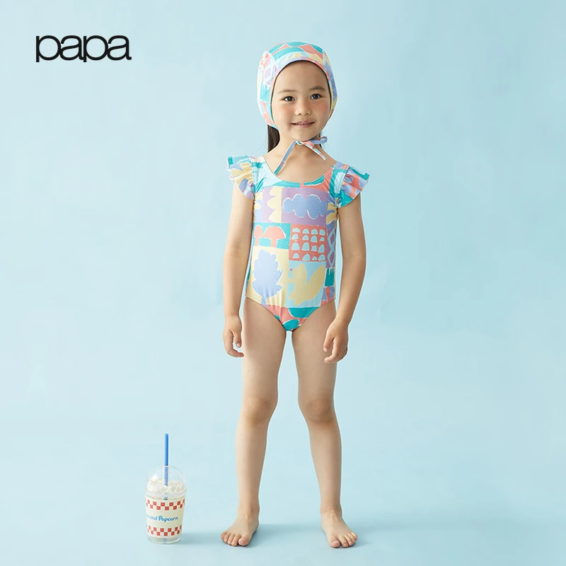 【新品】papa爬爬夏季儿童泳衣女童连体荷叶边吊带游泳两件套