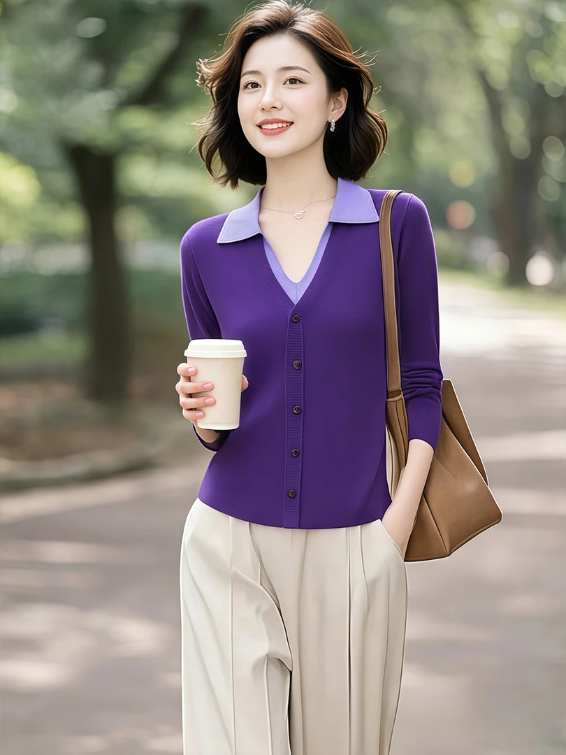 2025早秋新款假两件上衣女装洋气v领简约设计感小众针织开衫毛衣