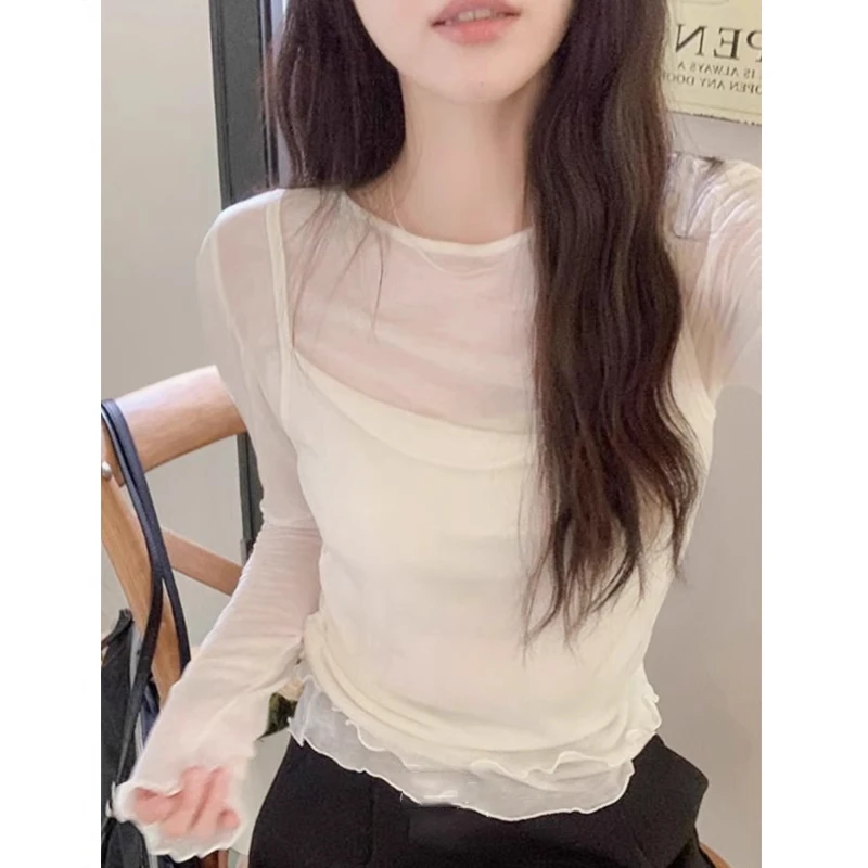 莱赛尔天丝长袖T恤女夏秋季2025新款吊带拼接假两件白色薄款上衣