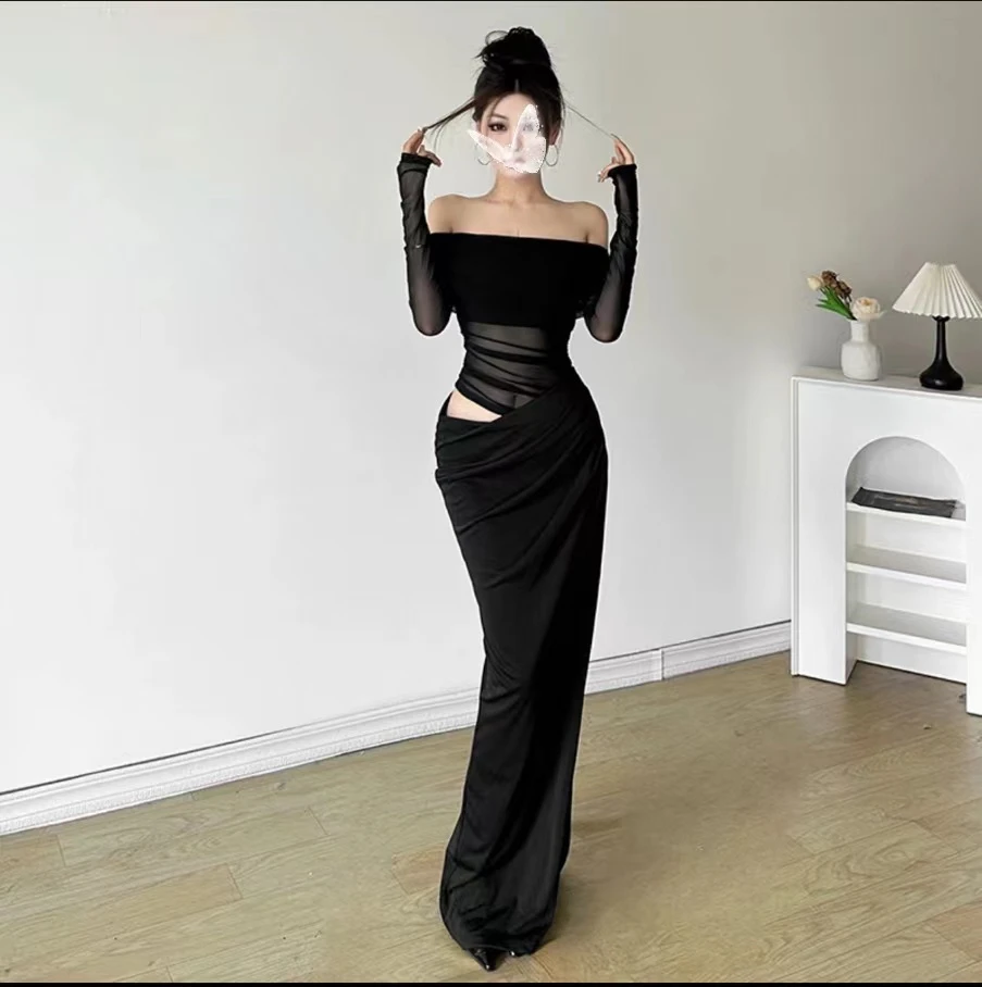 Molly 111度假风轻奢复古假两件一字肩掐腰镂空网纱连衣裙女