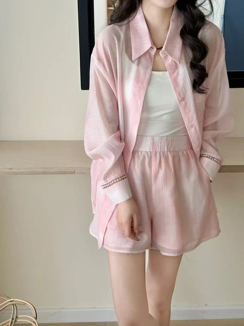 2025夏季薄款宽松衬衫+松紧腰极简短裤套装2254