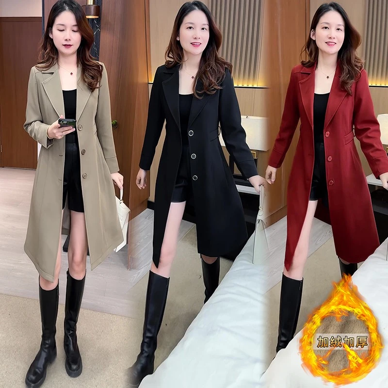 风衣女中长款收腰显瘦大衣2025秋冬新款加绒加厚保暖西装领外套潮
