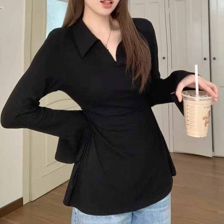 胖MM瑶 M25022长袖时尚翻领T恤春夏季新款洋气百搭显瘦上衣