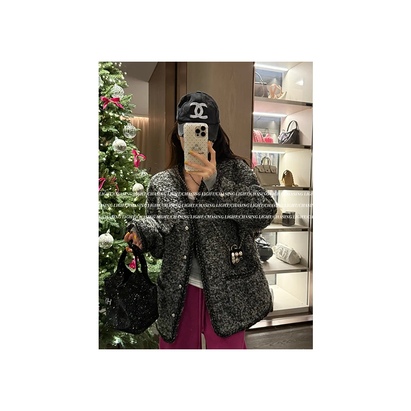 【CHASINGLIGHT】“A市时髦精”韩版羊毛小香风V领编织圈圈外套/33号