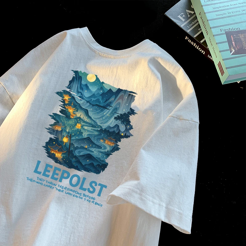 国潮山水画重磅纯棉短袖t恤男款夏季宽松潮牌港风ins青少年上衣服