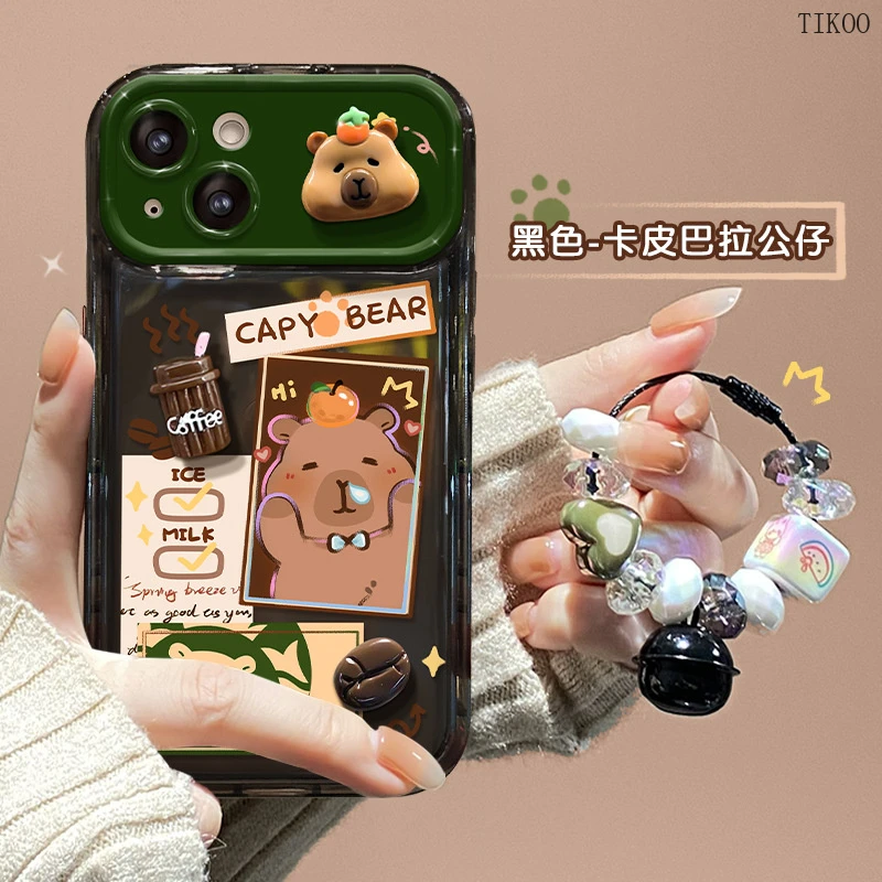 卡皮巴拉公仔挂坠适用苹果15手机壳iphone14/13pro翻盖镜子xs硅胶