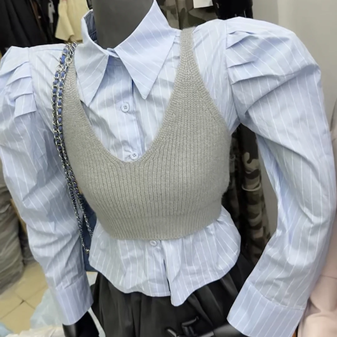 小玲 2025秋季新款polo领韩系泡泡袖衬衫➕针织背心两件套女