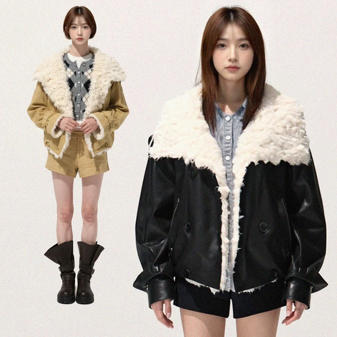 OEKNQQ/"一夜的桂花树" 雾面柔光蓬松小羊羔毛毛短外套翻领派克服