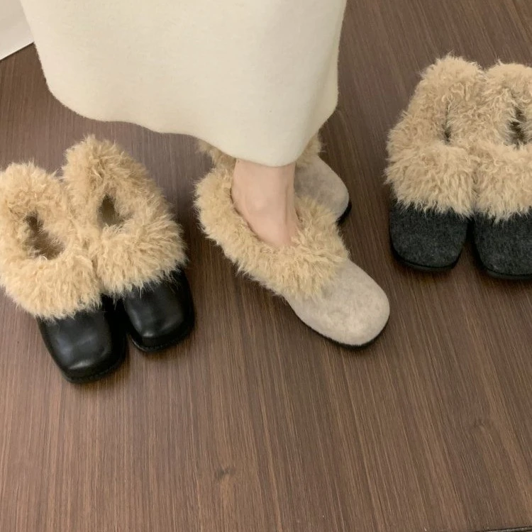 3CM内增高毛呢小皮鞋脚蹬保暖加绒棉瓢鞋毛毛鞋女外穿秋冬季棉鞋