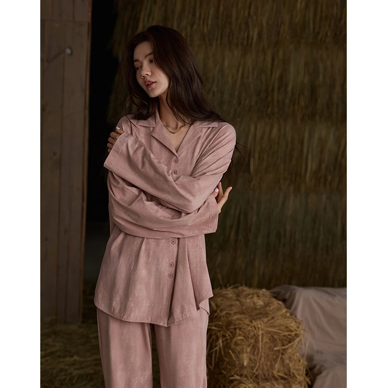 100%纯棉睡衣女休闲开衫长袖宽松春秋高级感家居服可外穿两件套装