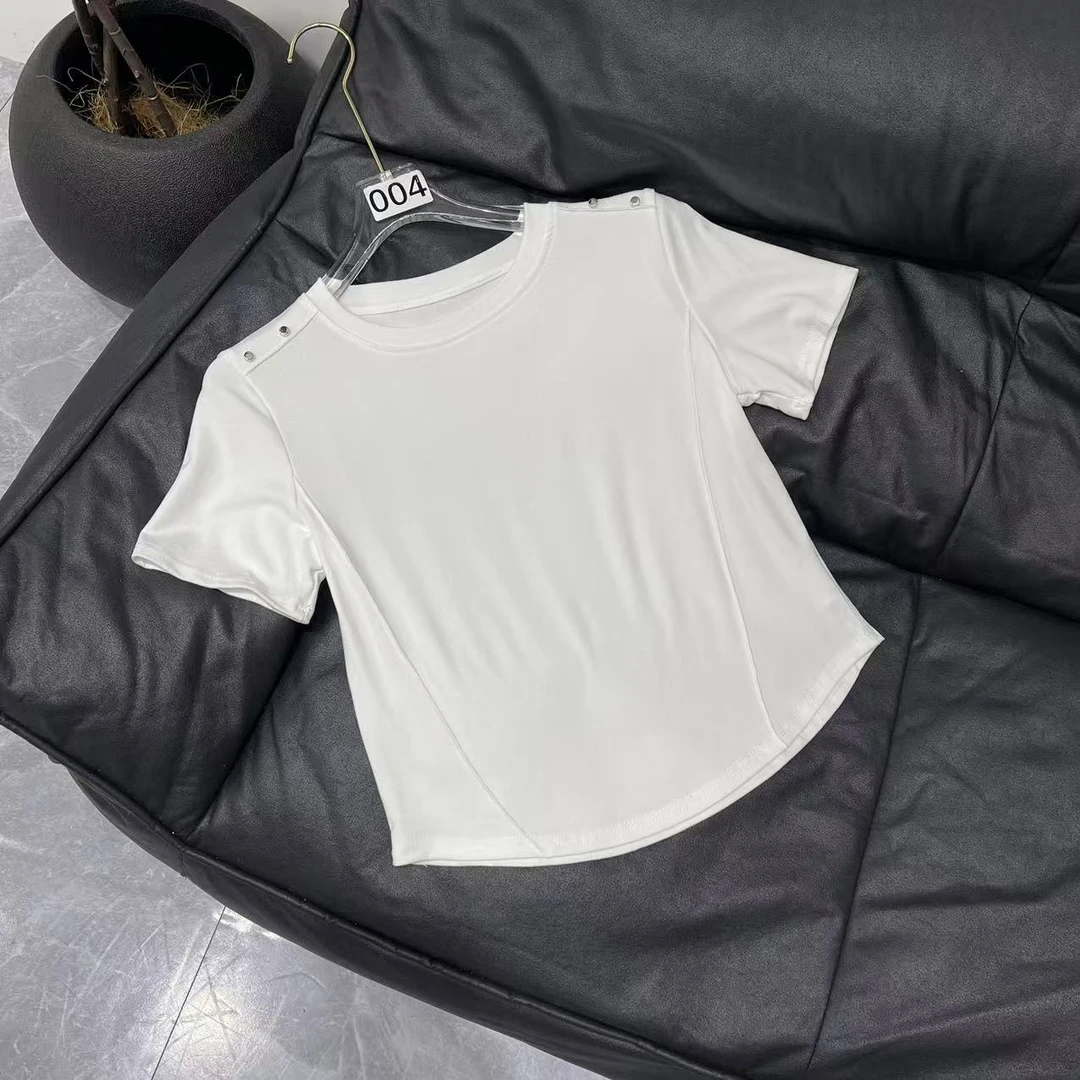 【晨浠定制】新款时尚百搭T恤双肩铆钉上衣三色5002