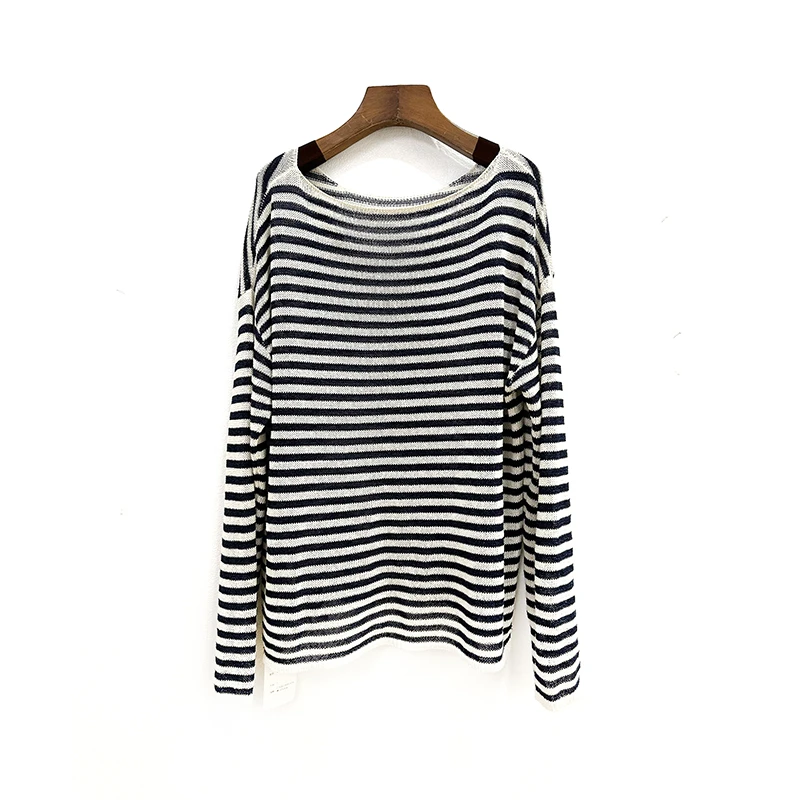 【珍衣社】2025春夏度假松弛宽松进口和纸纱白条纹一字领576B248212