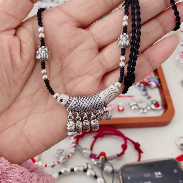 珐琅吊坠足银多子鱼