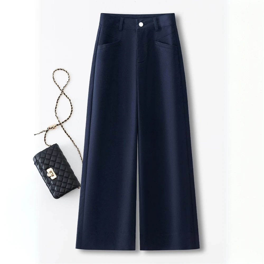 藏青色阔腿裤女夏季2025新款小个子显瘦宽松直筒裤高腰九分休闲裤