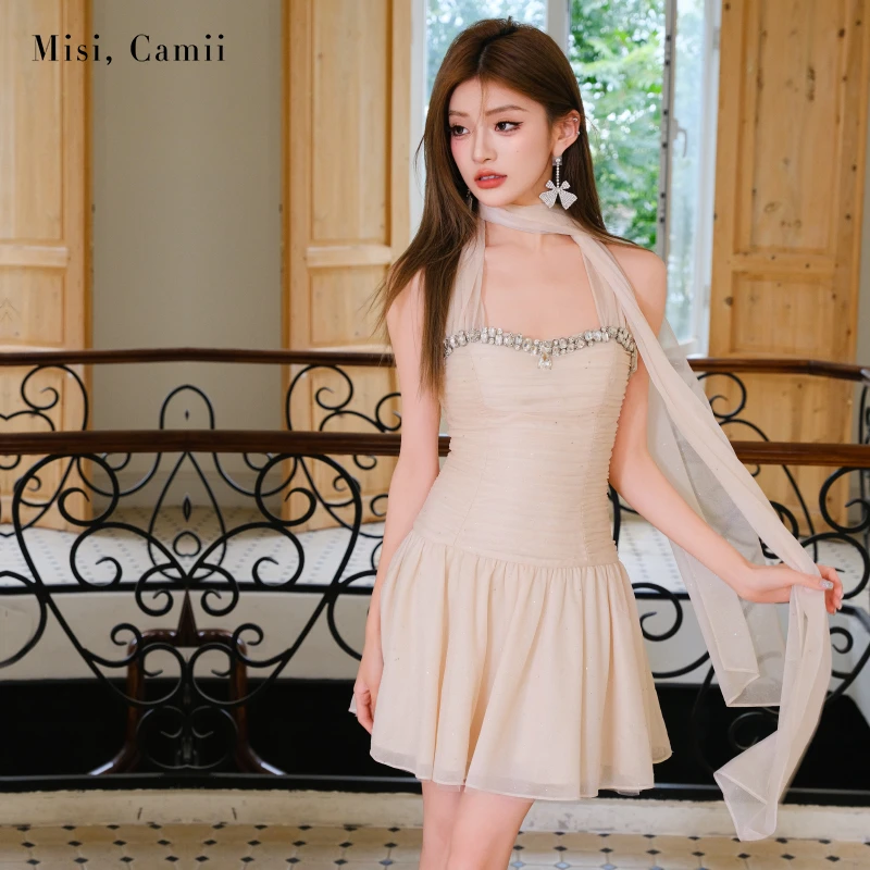Misi,Camii2025年春夏新款女装钻饰烫银飘带小礼服原创高定连衣裙