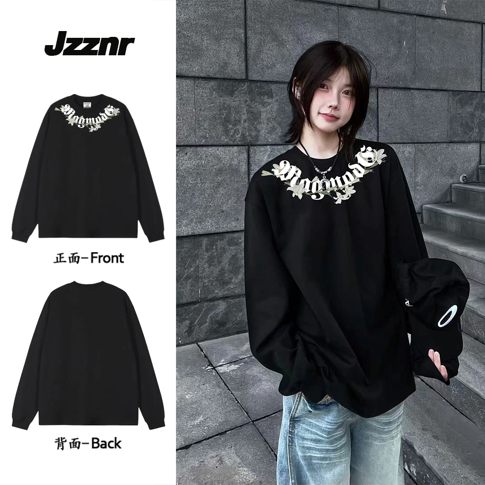 重磅纯棉ins潮牌长袖T恤男女宽松美式高街印花秋季上衣落肩打底衫