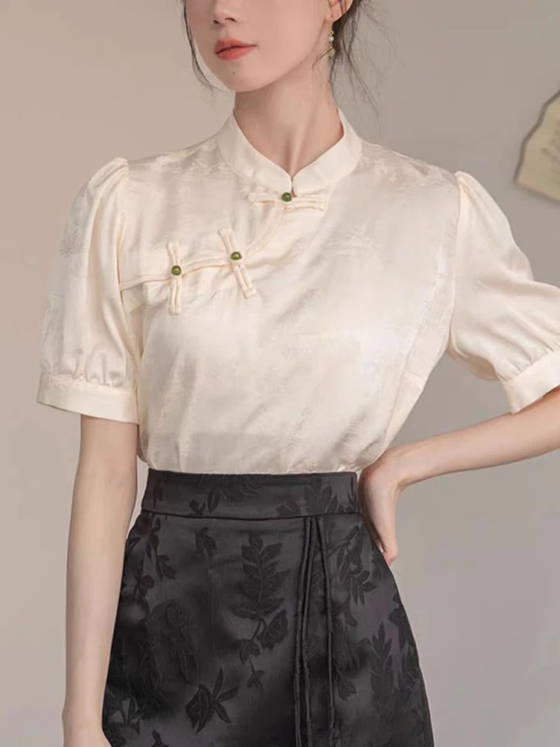 2401款缎面提花立领盘扣国风短袖上衣